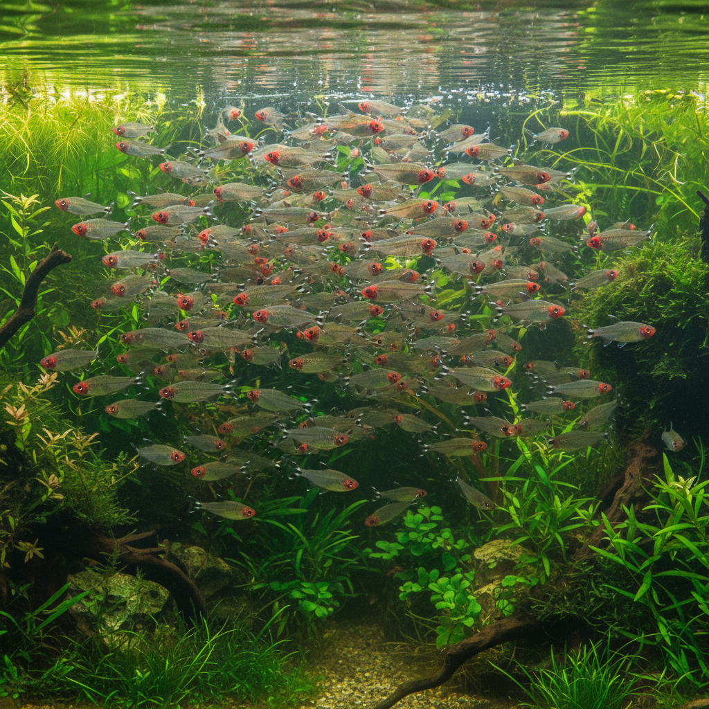 Hemigrammus bleheri (Tétra nez rouge) en banc serré dans aquarium planté amazonien, montrant les têtes rouges vives et les queues rayées noir et blanc caractéristiques